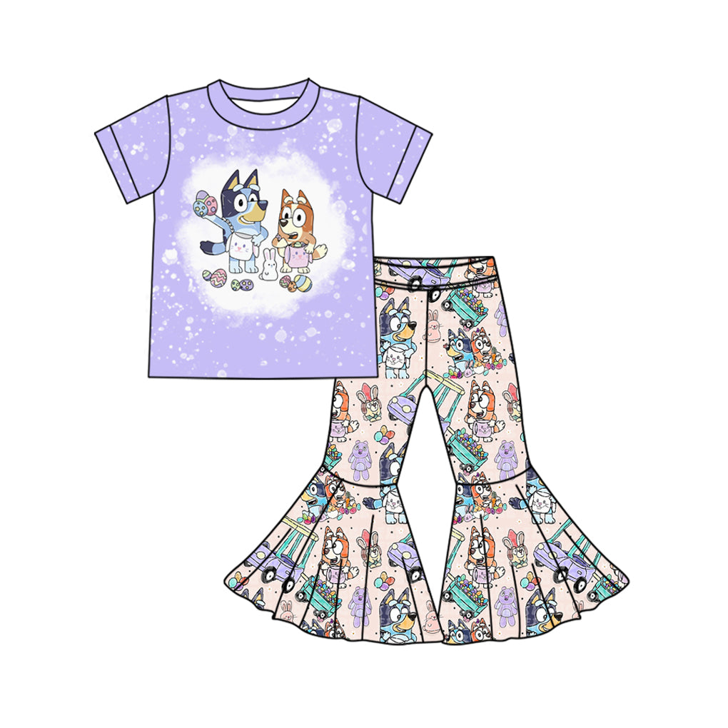 Lavender dog eggs bleached top pants girls Easter clothes