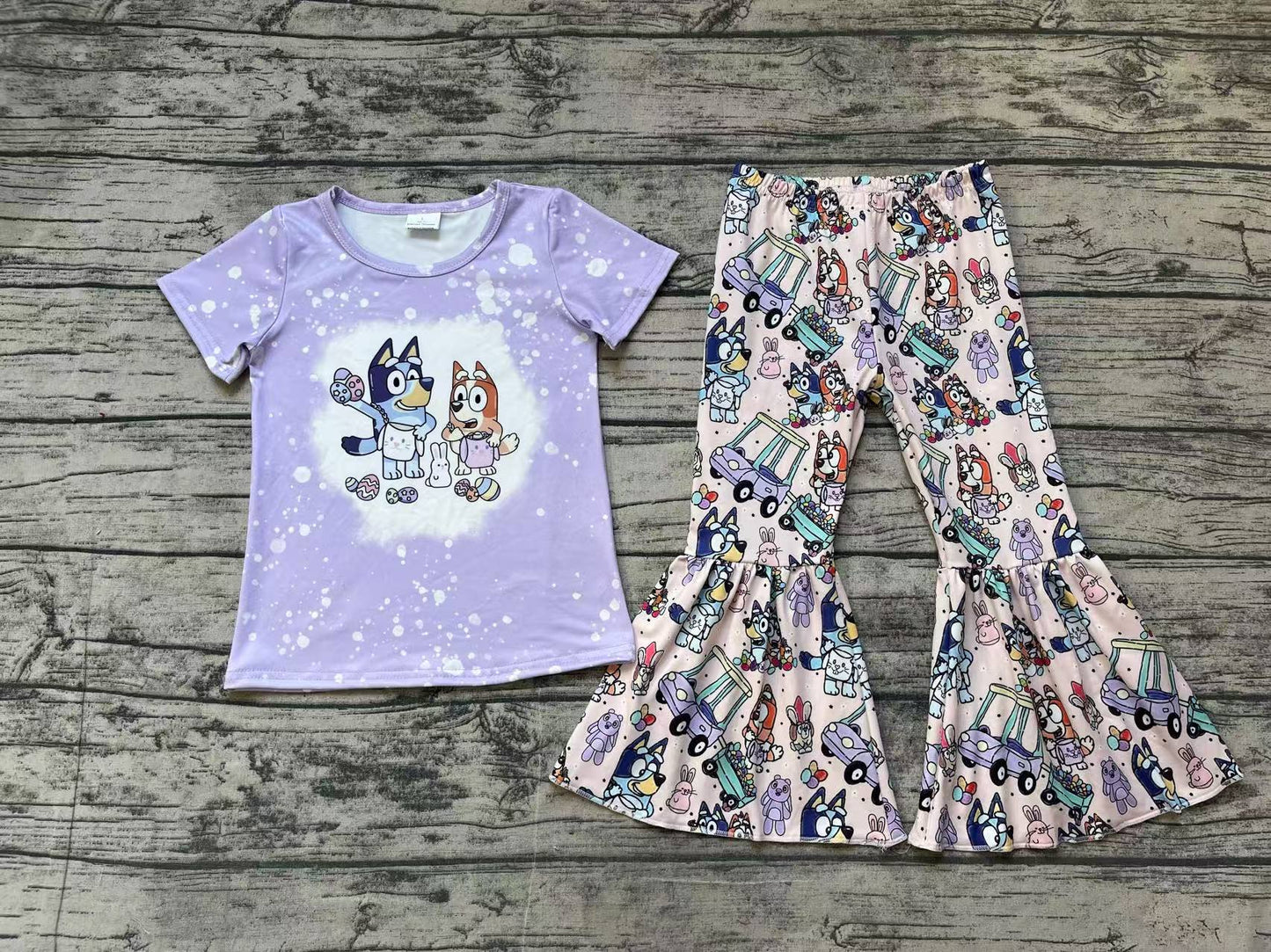 Lavender dog eggs bleached top pants girls Easter clothes