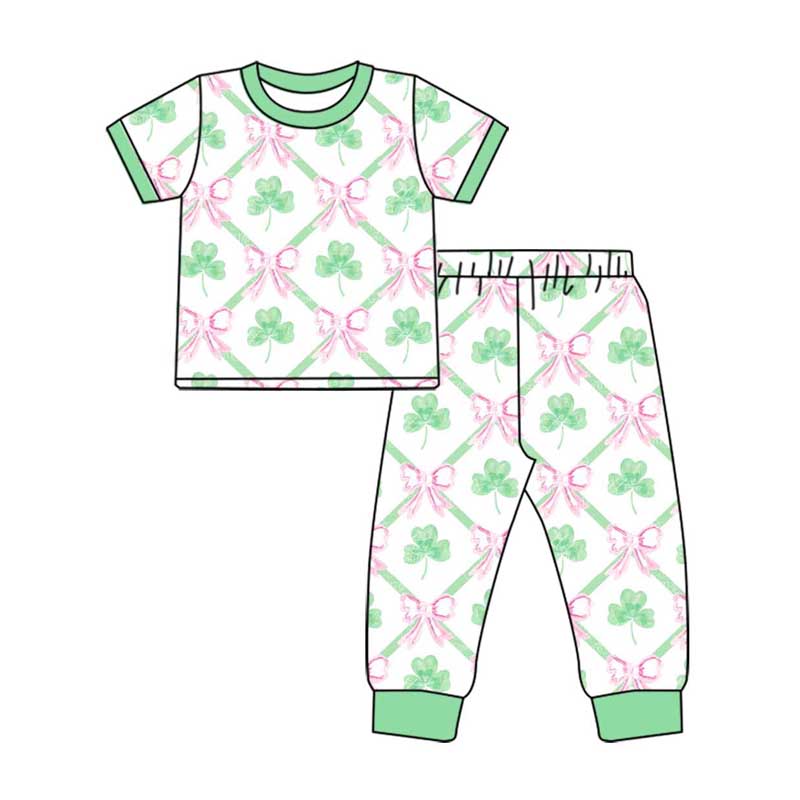 Green shamrock bow baby girls St Patrick's pajamas