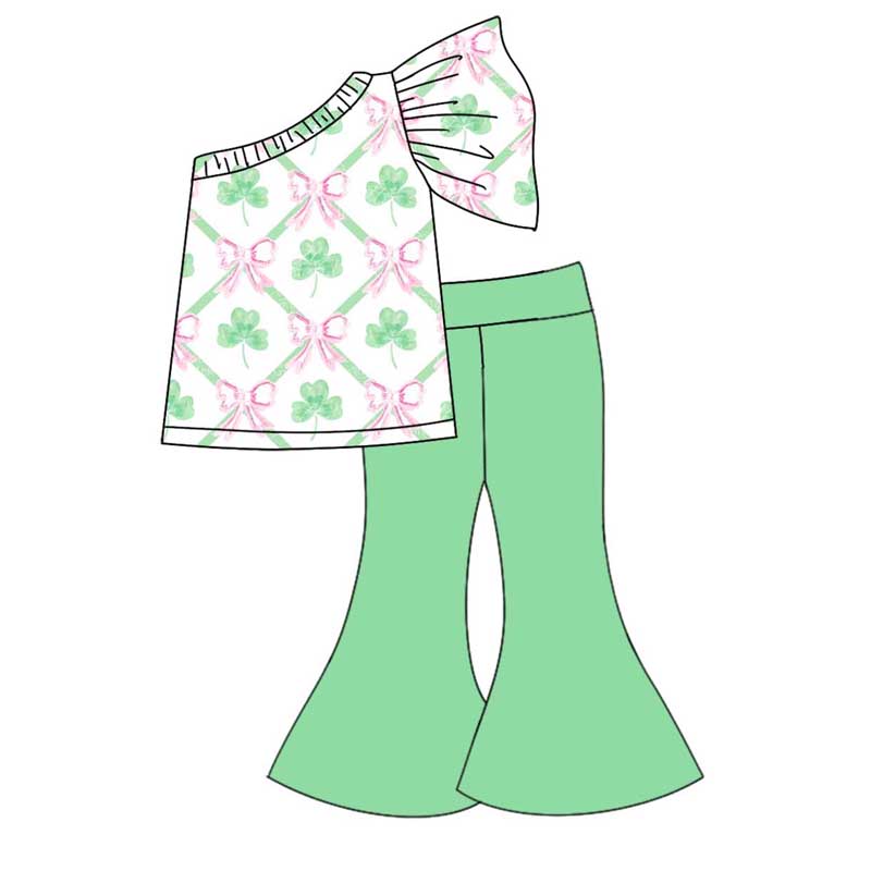 One shoulder shamrock bow baby girls St Patrick's outfits