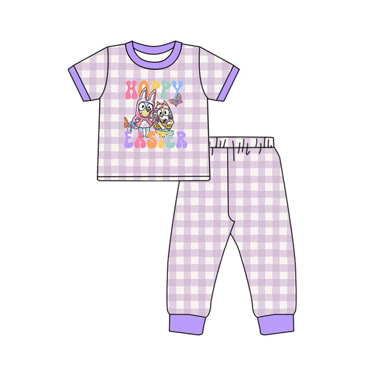 Purple plaid short sleeves Easter dog bunny girls pajamas