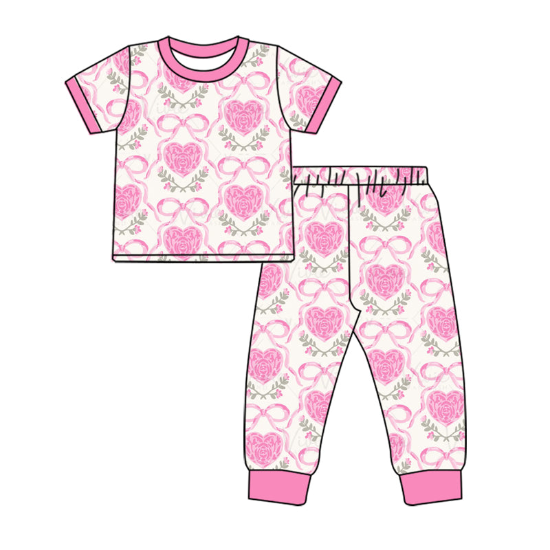 Pink bow heart floral baby girls valentine's pajamas