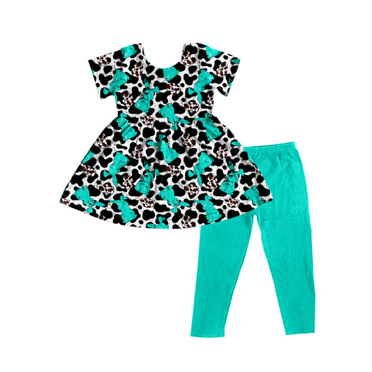 Turquoise bunny cow print eggs girls Easter outfits