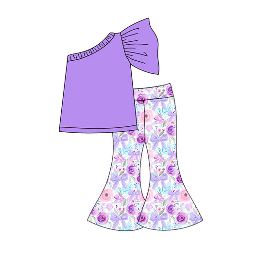 Lavender one shoulder top floral bow pants girls clothing