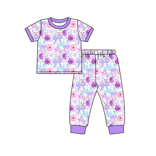 Lavender floral bow short sleeves pants kids girls pajamas