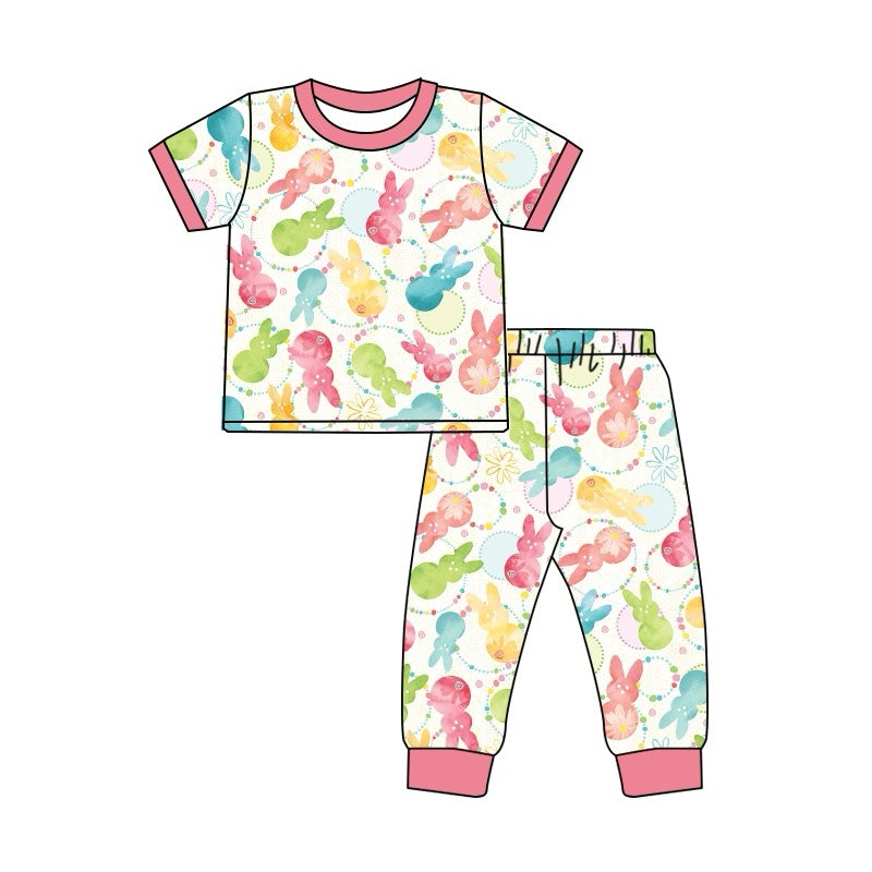 Short sleeves colorful bunny kids girls Easter pajamas