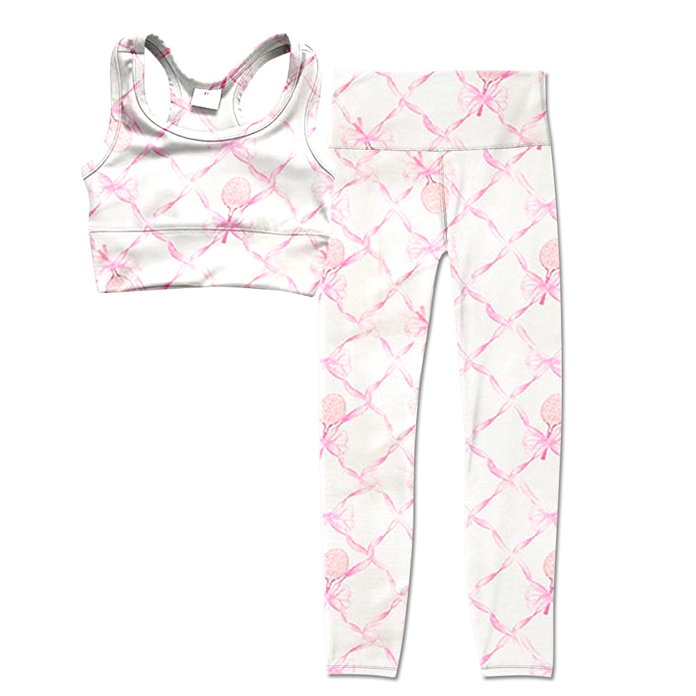 Straps pink bow floral top leggings girls yoga clothes