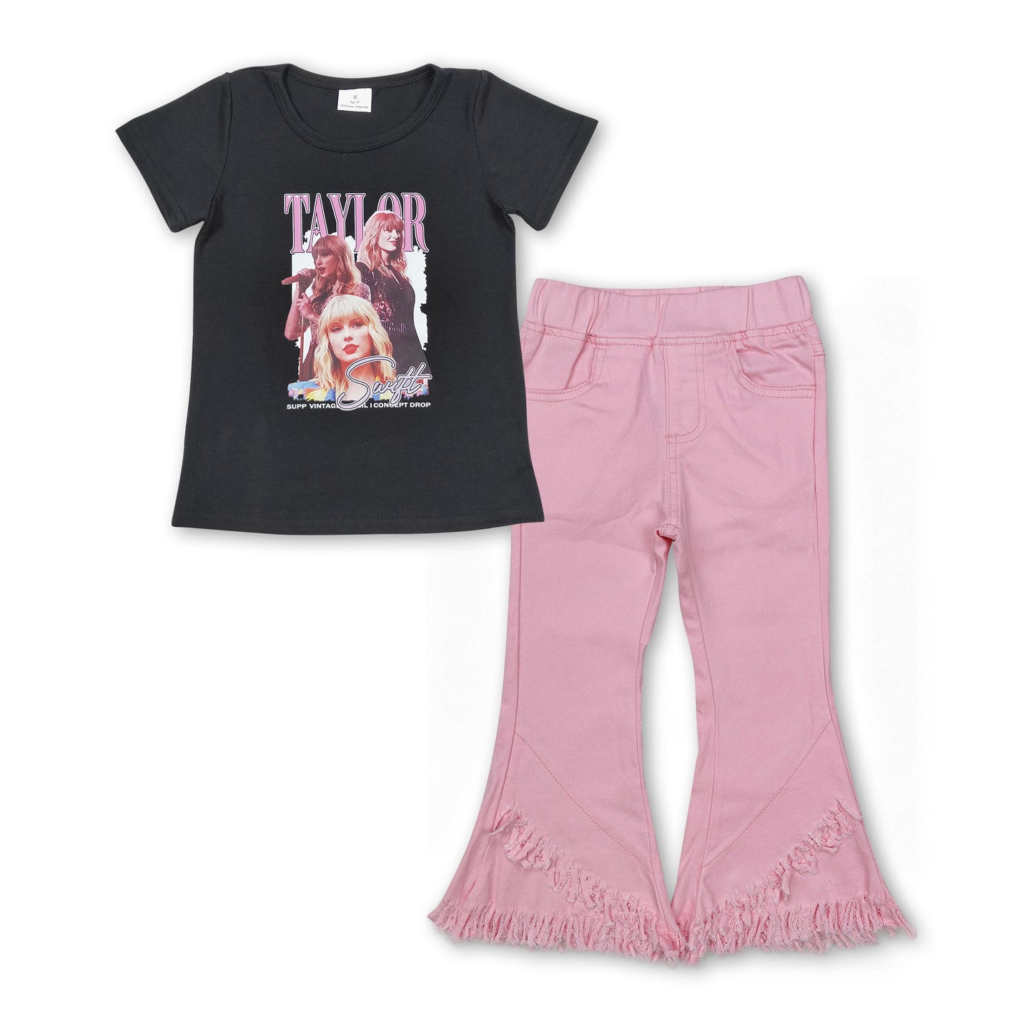 Black vinyl top tassels jeans singer girls clothing set