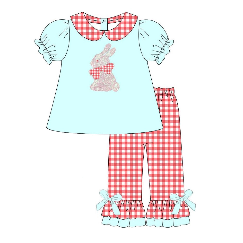 Short sleeves bunny top plaid ruffle pants girls Easter clothes