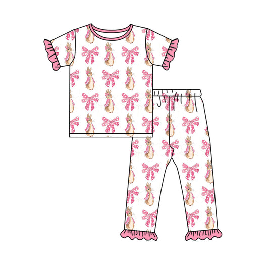 Short sleeves pink bow rabbit kids girls Easter pajamas