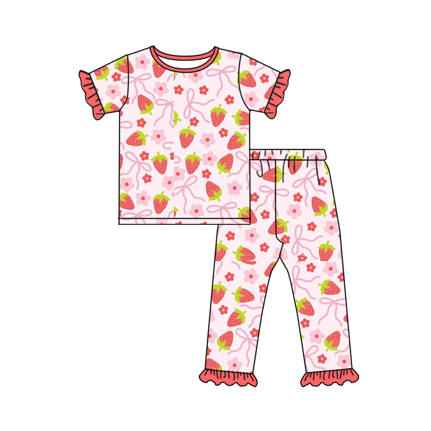 Short sleeves strawberry floral bow baby girls pajamas