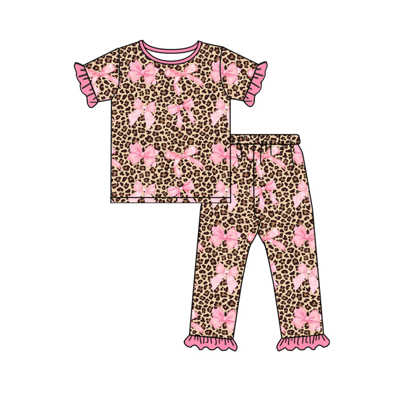 Short sleeves leopard pink bow girls pajamas