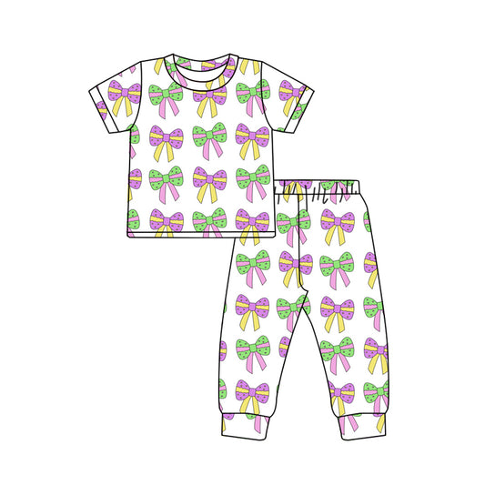 Yellow green purple bow kids girls Mardi Gras pajamas