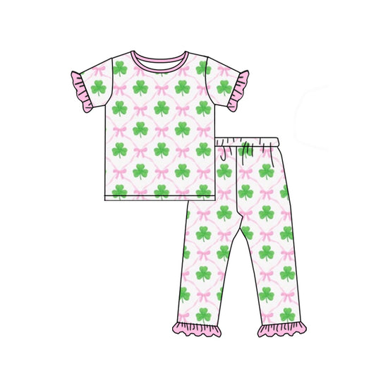 Pink ruffle bow shamrock kids girls St Patrick's pajamas