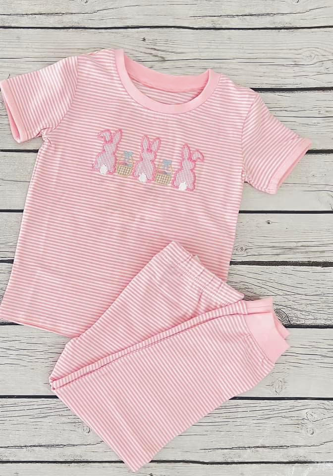 Pink stripe bunny eggs top pants girls Easter pajamas