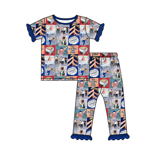 Blue short sleeves baseball kids girls pajamas