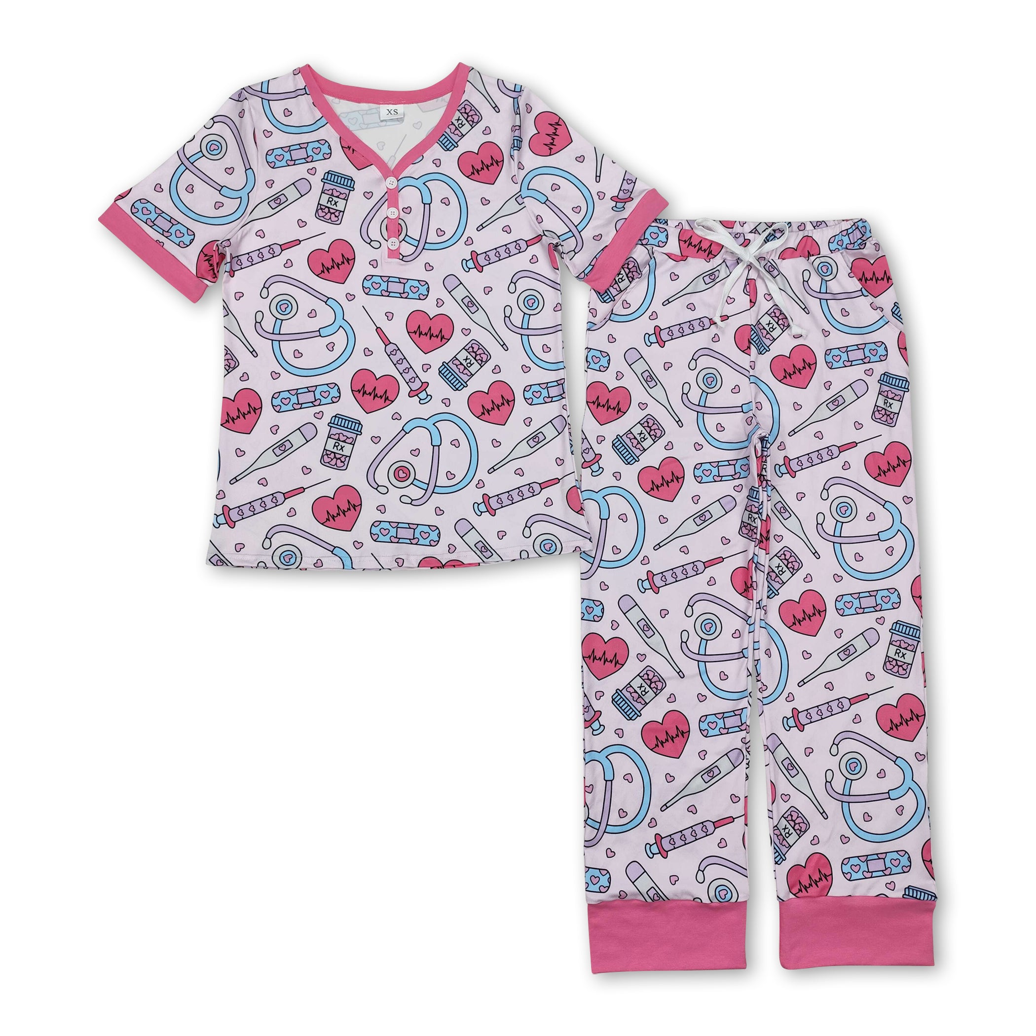 Short sleeves heart nurse adult women pajamas – Western Kids Clothes