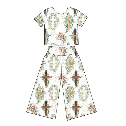 Short sleeves floral cross top pants kids girls Easter clothes