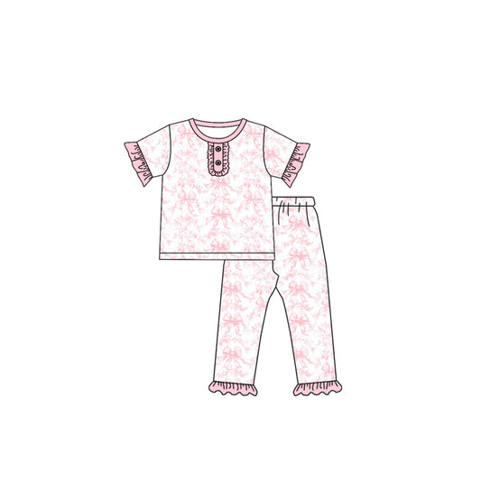 Pink short sleeves floral bow baby girls pajamas