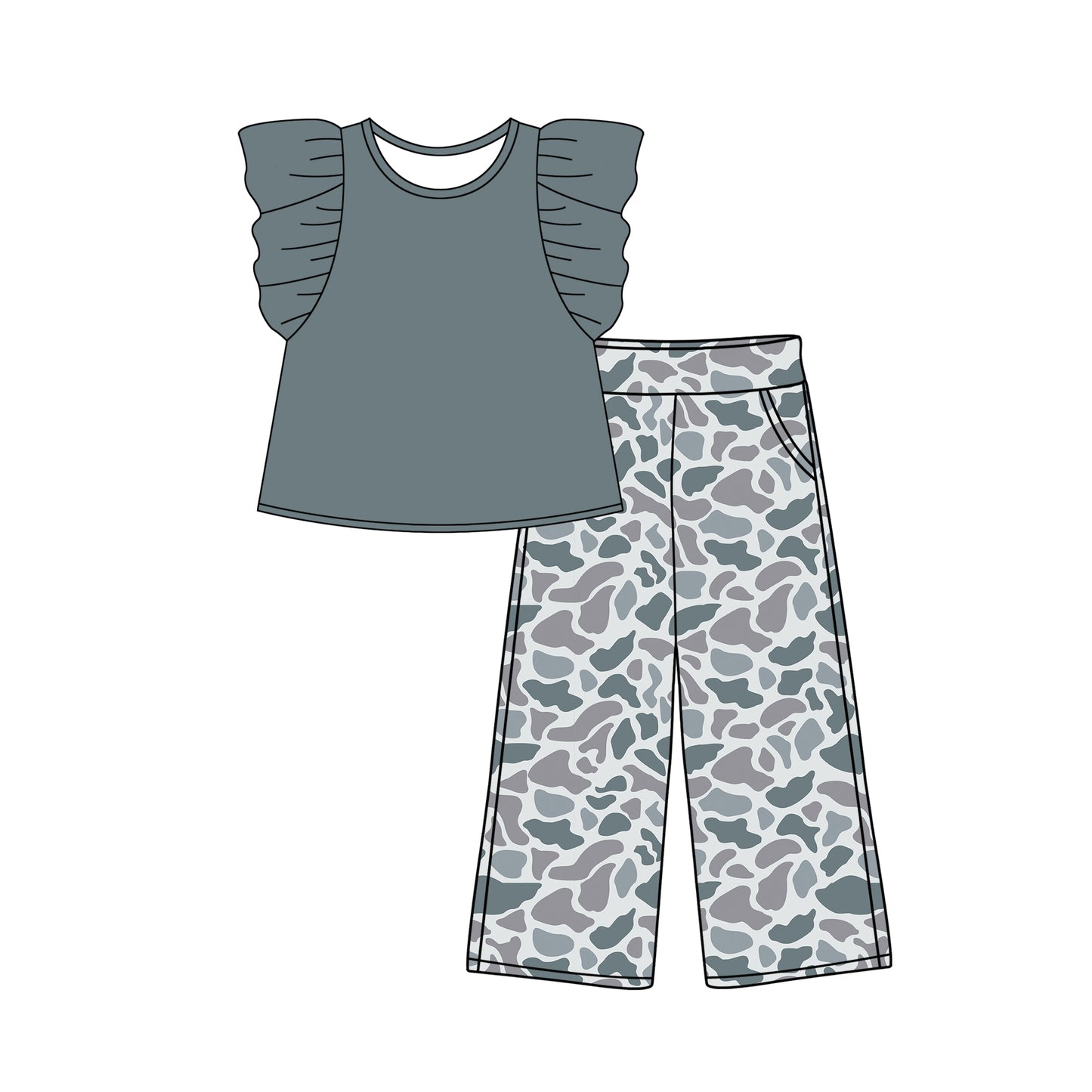 Flutter sleeves grey top camo pants kids girls clothes
