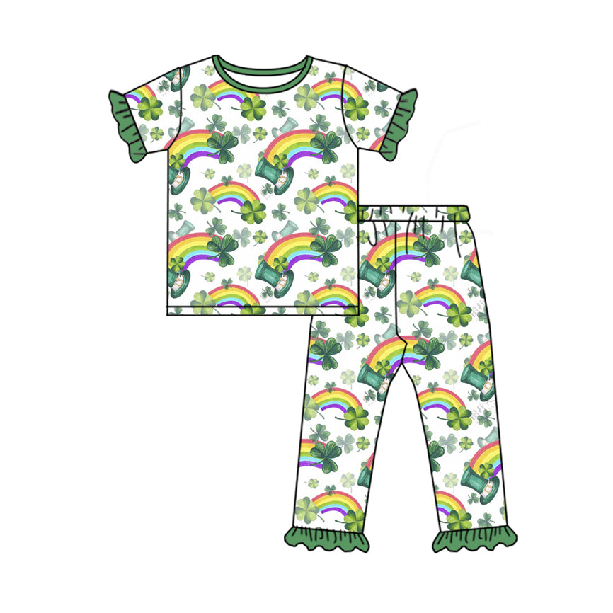 Short sleeves clover rainbow baby girls St Patrick's pajamas