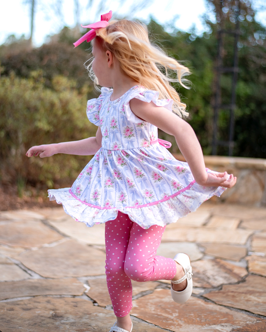 Flutter sleeves floral bow tunic polka dots leggings girls clothes