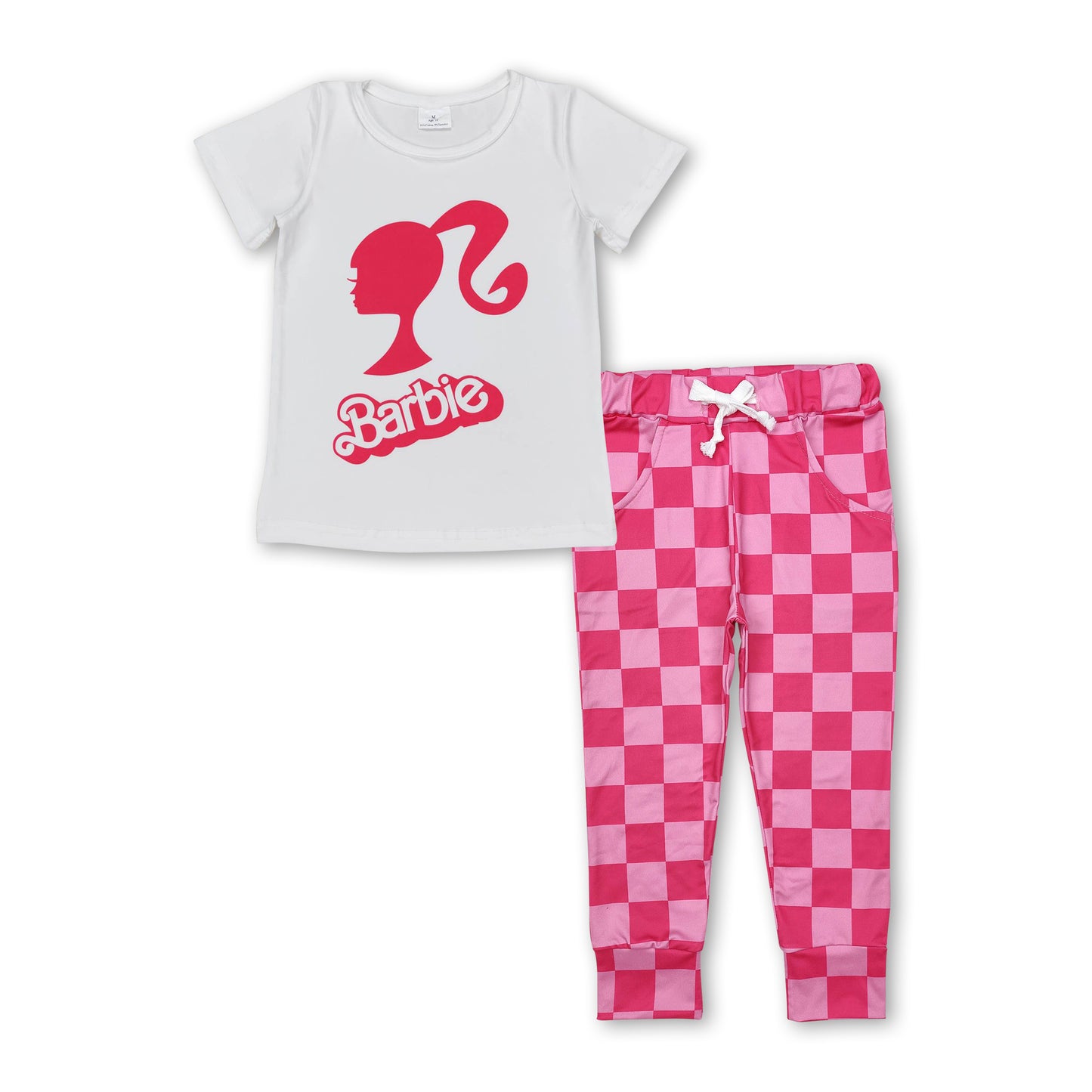 White top hot pink plaid pants party girls clothing set