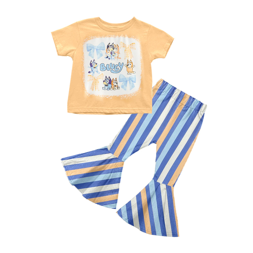 Yellow bleached dog bow top stripe pants girls clothes