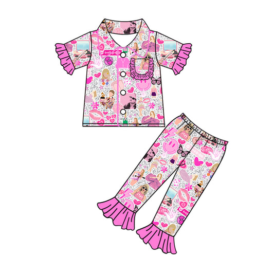 Pink pocket smile top pants singer girls button down pajamas