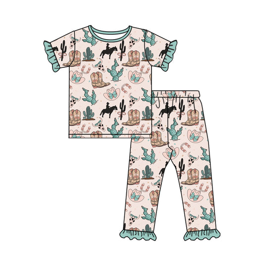 Short sleeves hat cactus boots western girls pajamas
