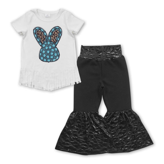 Turquoise leopard bunny black leopard pants girls Easter set