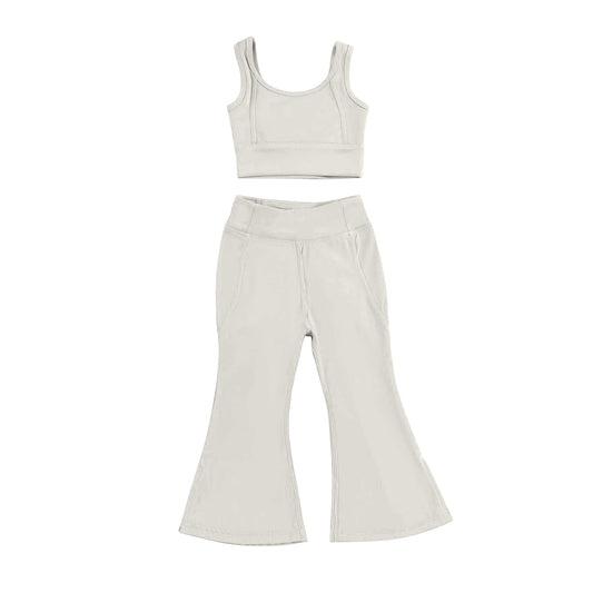 Beige crop top floral pants kids girls yoga set