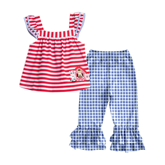 Flutter sleeves stripe farm tunic plaid pants girls clothes