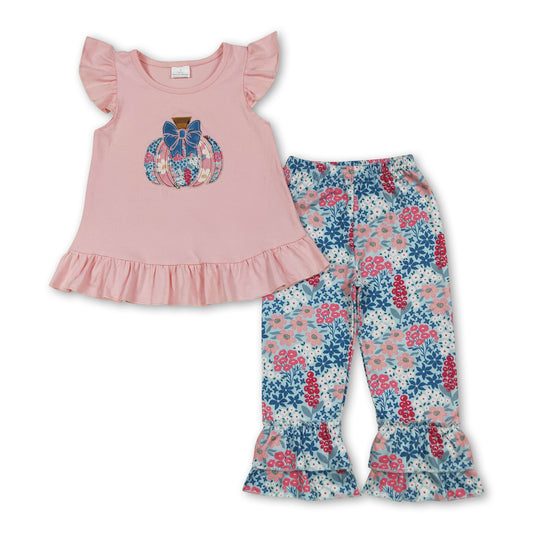 Pink floral pumpkin bow top pants girls fall clothes