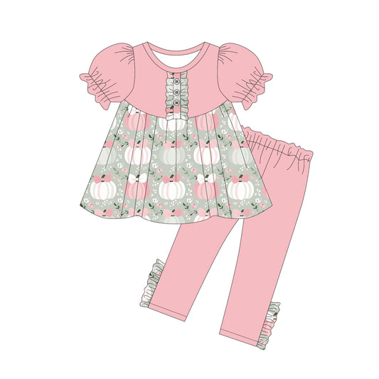 Short sleeves pink bow pumpkin floral tunic leggings girls clothes