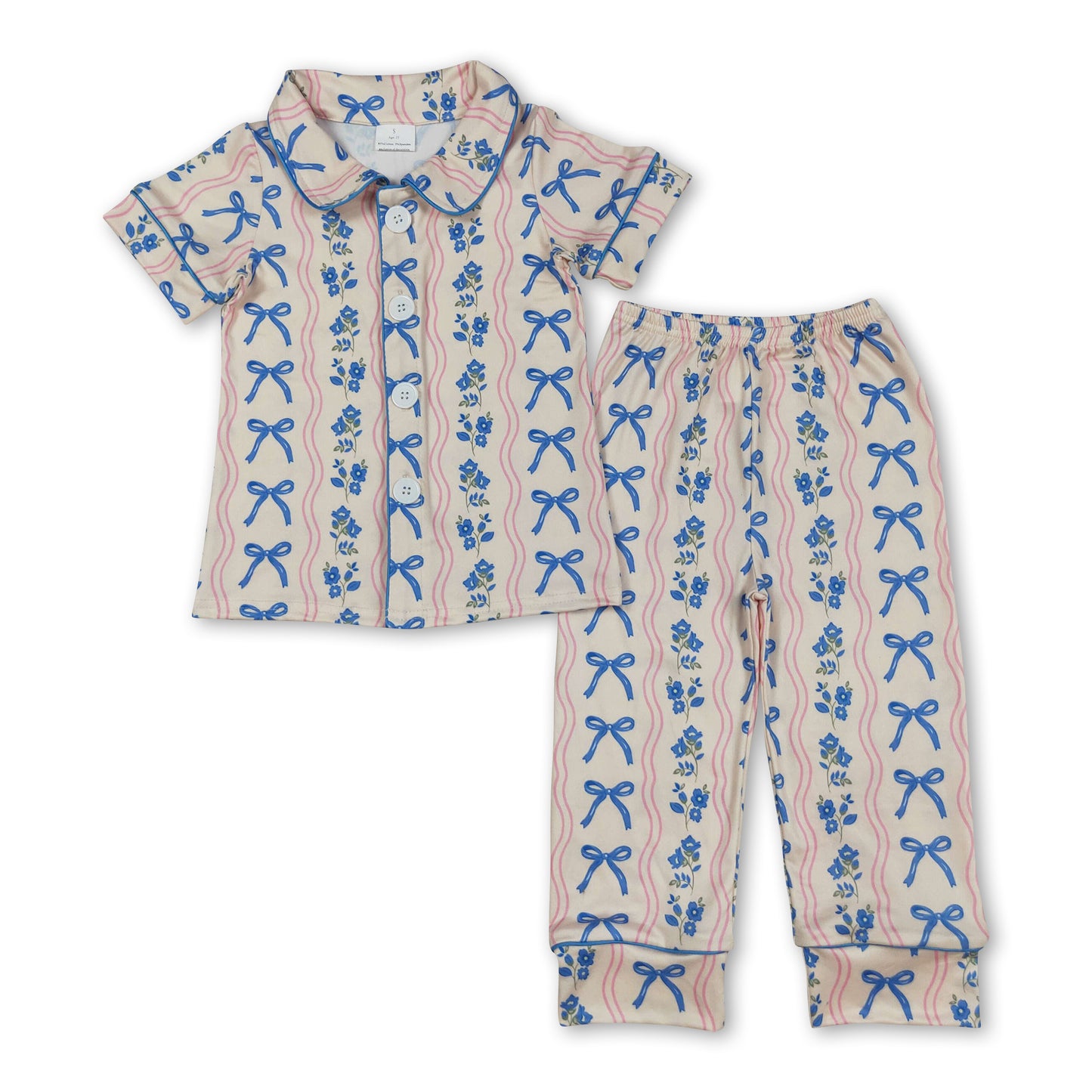 Short sleeves blue bow floral kids girls button down pajamas