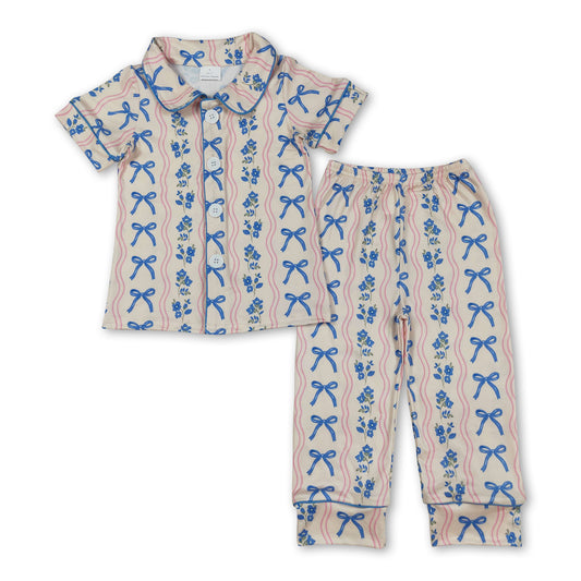 Short sleeves blue bow floral kids girls button down pajamas
