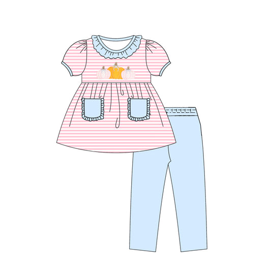 Stripe pumpkin tunic leggings girls fall clothing set