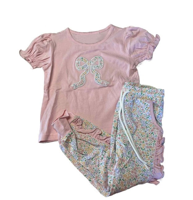 Pink short sleeves bow top floral ruffle pants girls clothes