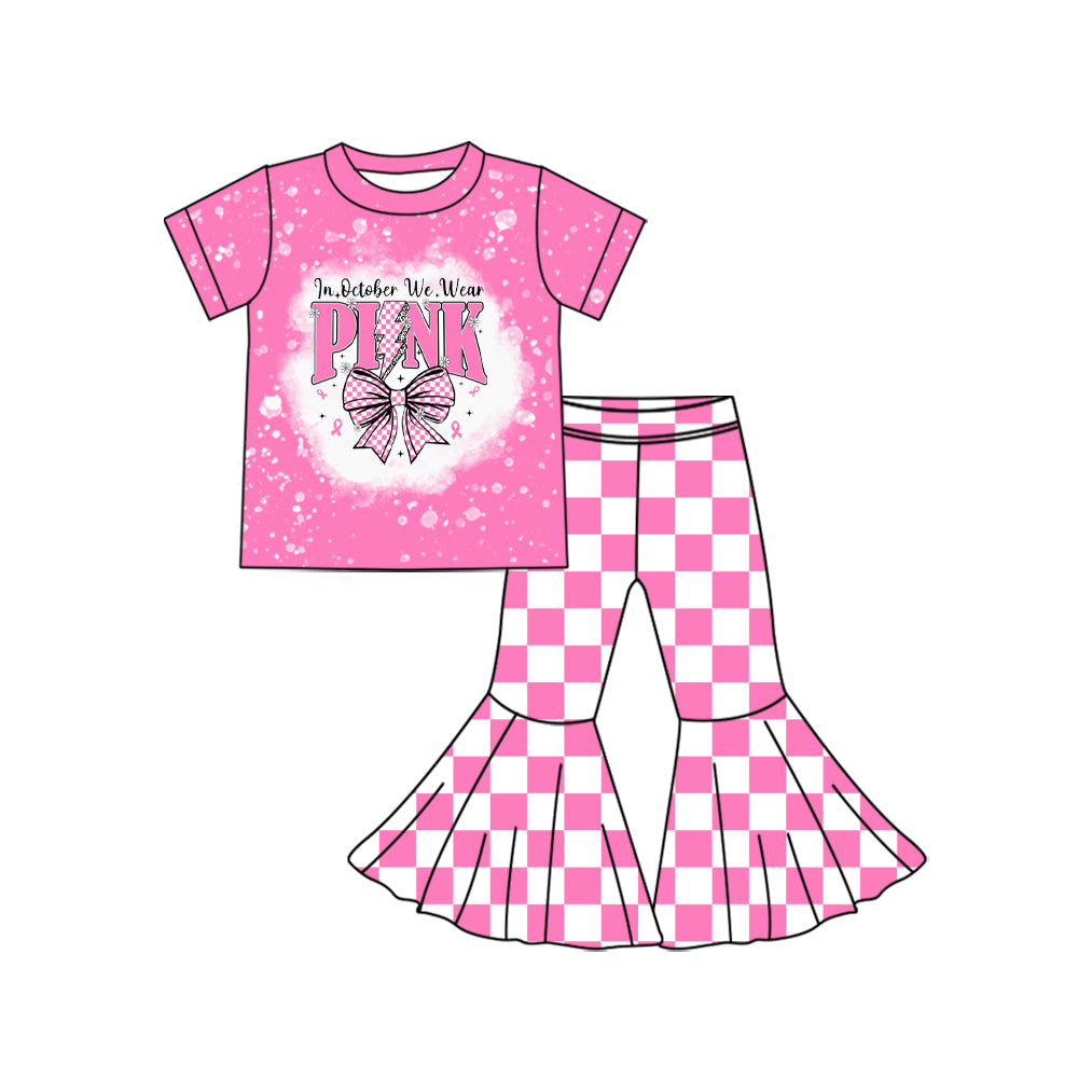 In October we wear pink bow kids girls clothing set