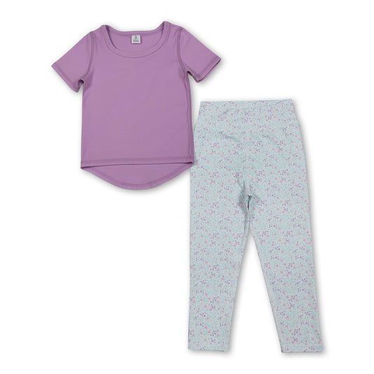 Short sleeves top floral leggings girls activewear set