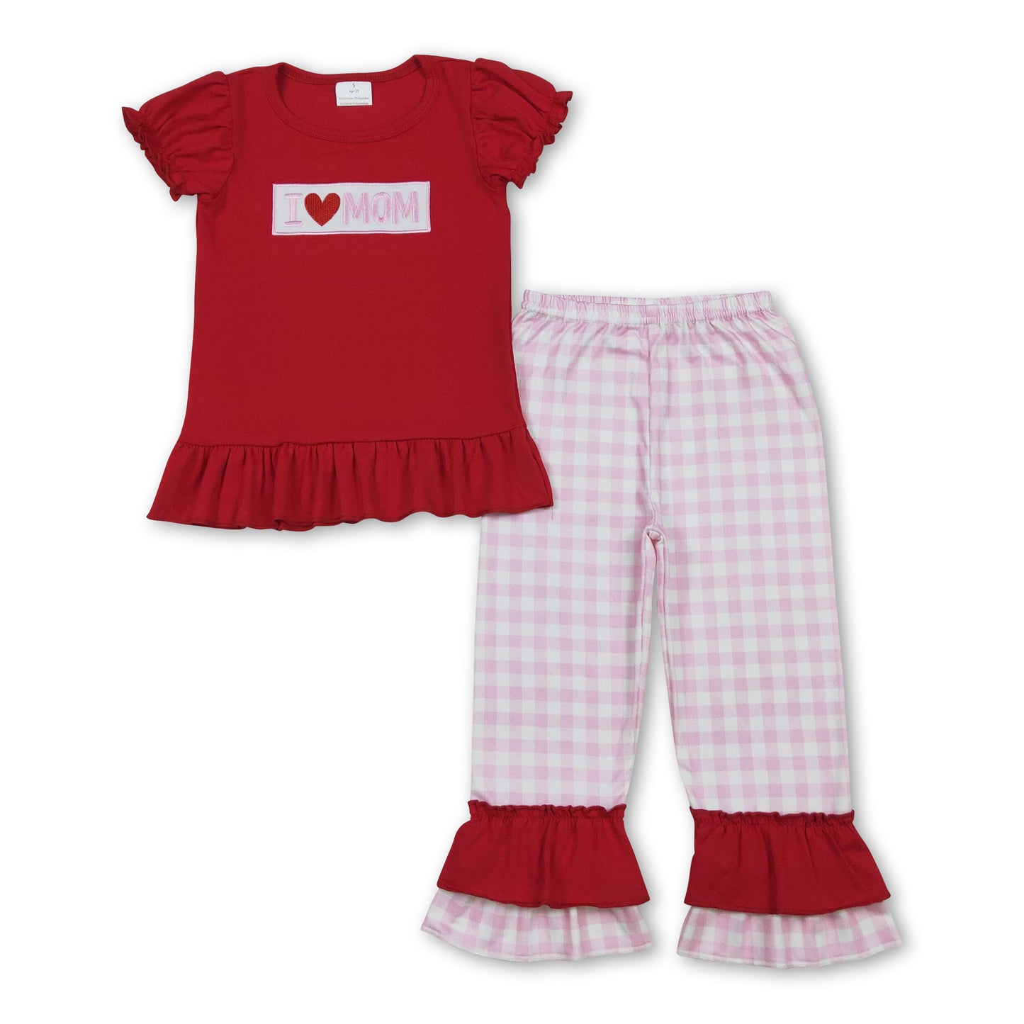 Red cotton I love mom top plaid pants girls outfits