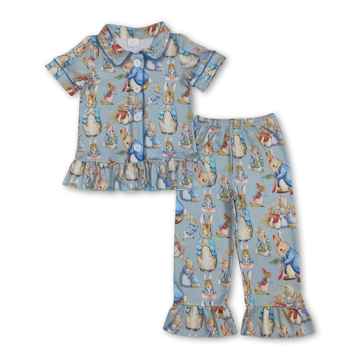 Short sleeves rabbit kids girl button down Easter pajamas set