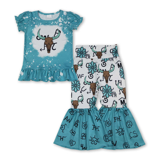 Short sleeves bleached bull skull top pants western girls outfits