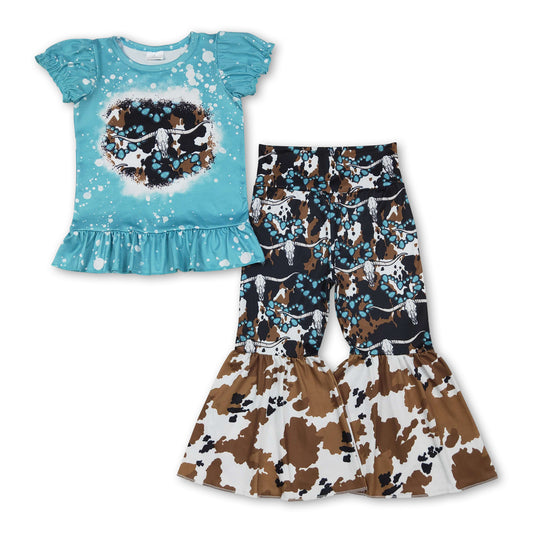 Short sleeves bull skull bleached top pants girls clothes