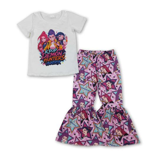 Short sleeves top plaid stars pants music girls outfits