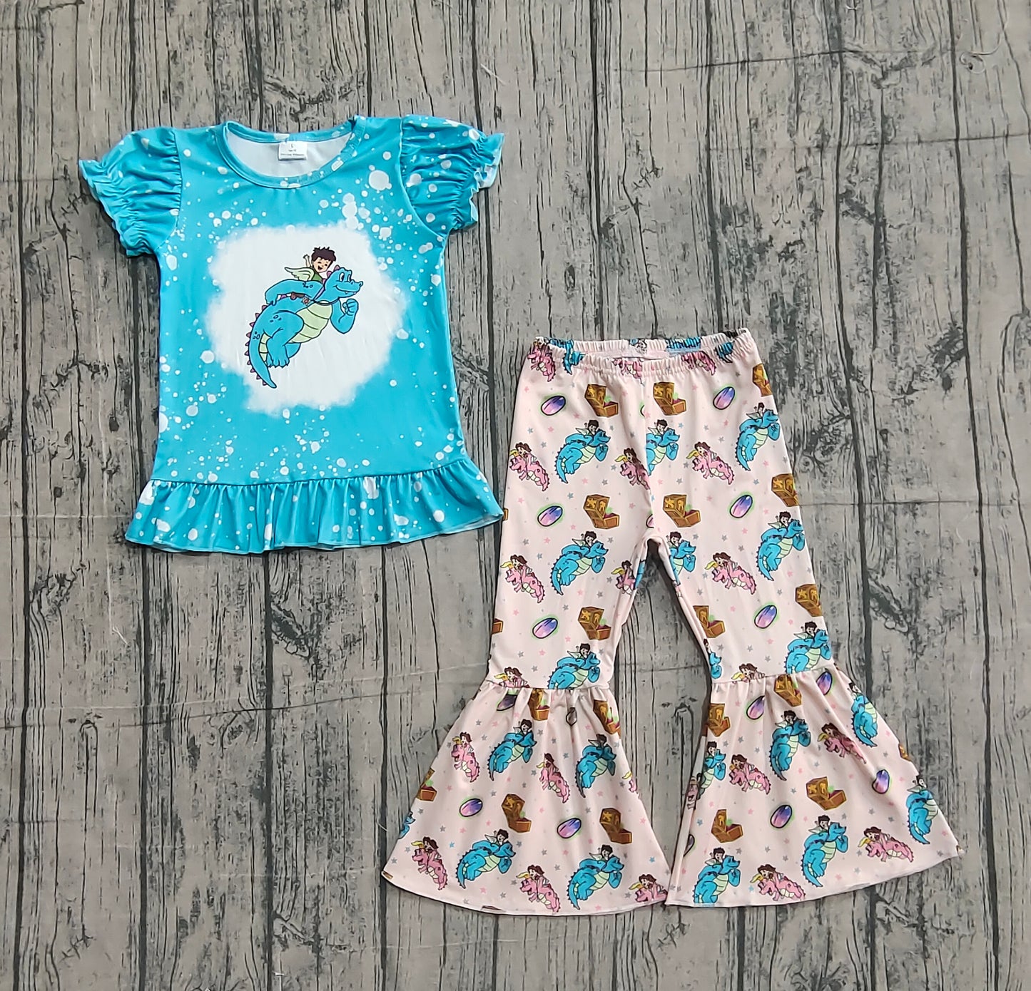 Short sleeves dinosaur ruffle bleached top pants girls outfits