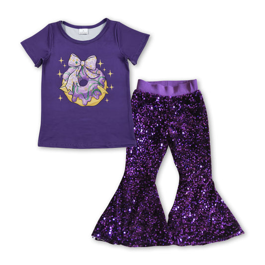 Bow donut top purple sequin pants girls Mardi Gras outfits
