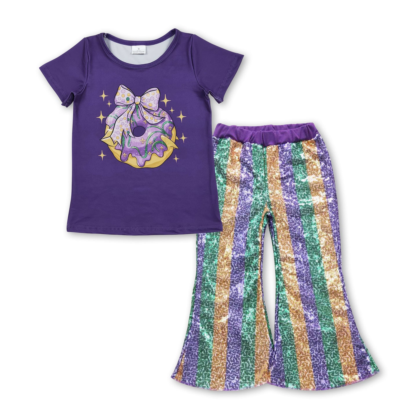 Bow donut top stripe sequin pants girls Mardi Gras set