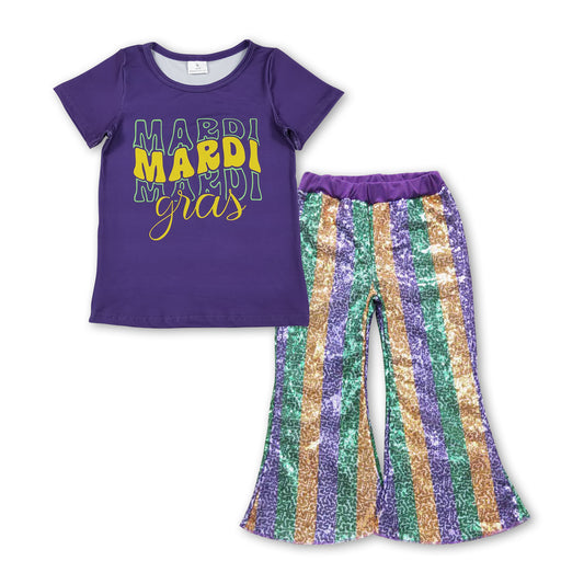 Purple short sleeves Mardi Gras top stripe sequin pants girls set
